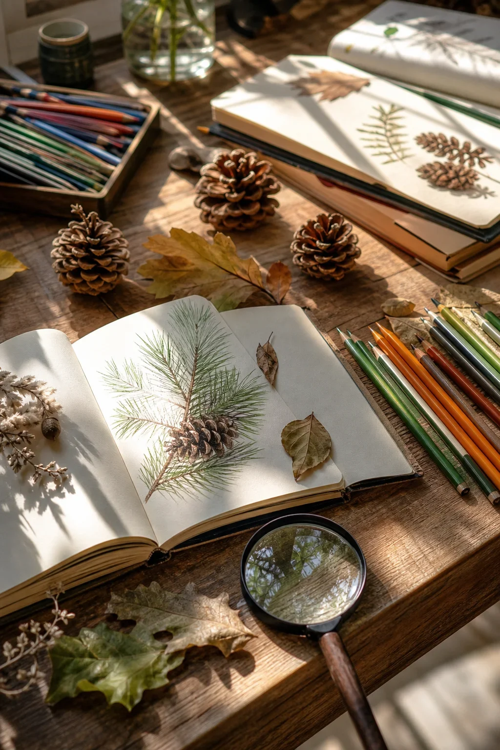 Sketchbooks, coloured pencils, pinecones and a magnifying glass on a sunlit wooden table